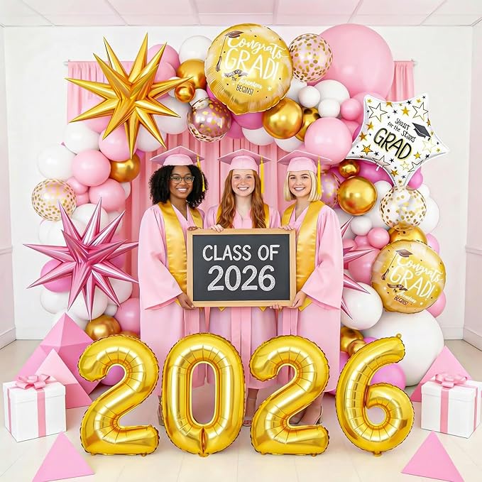 Pink White Gold Balloon Arch Kit, Graduation Balloons Garland, 2026 Graduation Decorations Pink Gold and White Balloons with Foil Star Balloon for Class of 2026 ollege High School Party Decor
