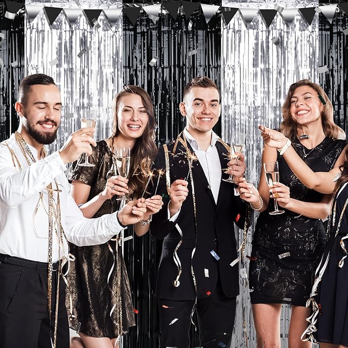 6 Pack 3.3Ft x 6.6Ft Graduation Foil Fringe Curtain Backdrop Decorations, Black Silver Metallic Tinsel Foil Streamers Curtain Photo Background for Graduation Prom Wedding Birthday Party Decorations