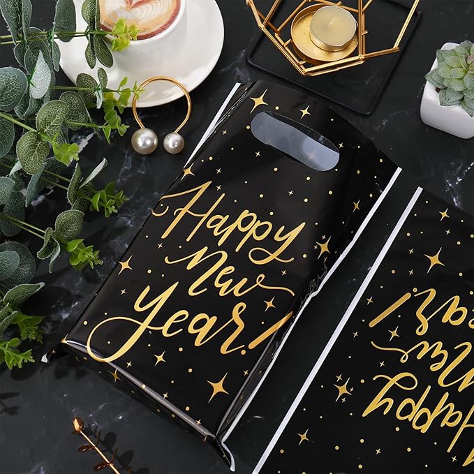 Whaline 50Pcs Happy New Year Party Favor Bag Plastic Treat Bags with Handles Black Gold Star Candy Goodie Bags for Christmas New Year's Eve Snack Cookie Packing