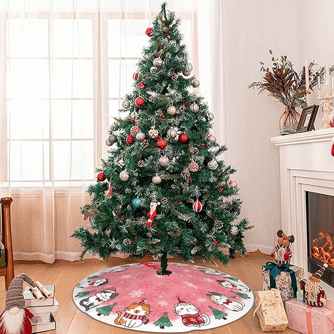 Cute Christmas cat Tree Skirt Xmas Tree Mat Christmas Tree Ornaments Decorations Holiday Party Indoor Outdoor 36"