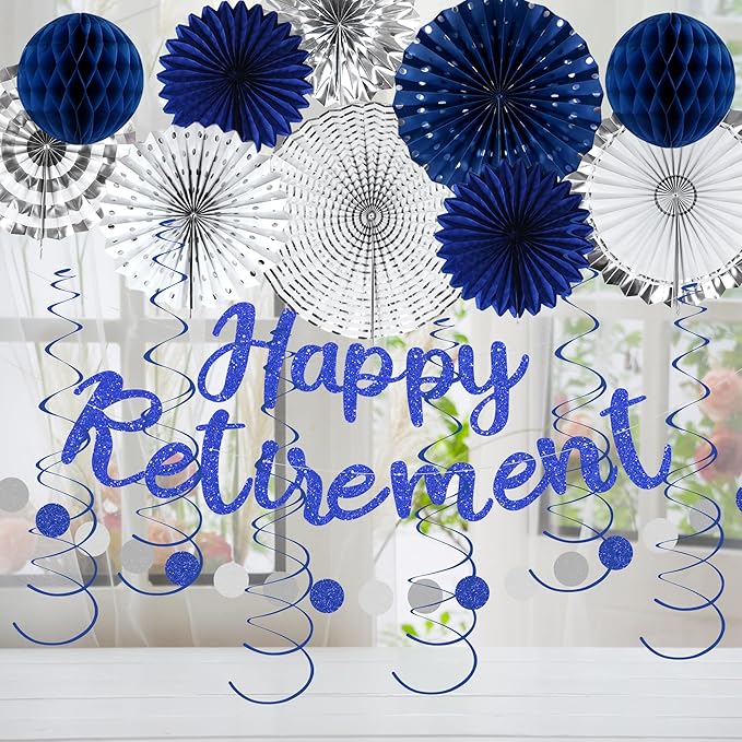 Holkcog Blue Retirement Party Decorations for Men Women, Silver Blue 19pc Happy Retired Banner,Paper Lanterns Streamers,Tissue Pom Poms Honeycomb Flower Fan, Coworker Hanging Retired Decor Supply