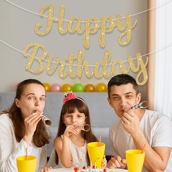Glitter Happy Birthday Banner Sign Birthday Garland Wall Door Banners Flag for Women Men Boys Girls Party Backdrop Decorations Gold