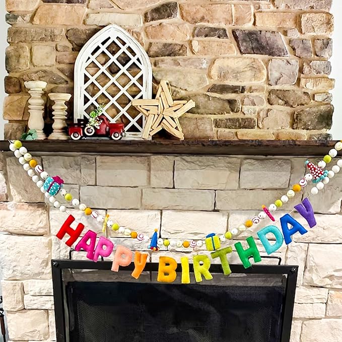 Pre-Strung Happy Birthday Banner - Felt Ball Garland - Reusable HAPPY BIRTHDAY Garland, Rainbow Party Decorations, Personalized Holiday Sign for Party Decor, Kids Room Decor, Photo Prop (Rainbow)