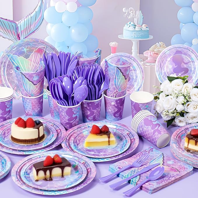 Purple Mermaid Party Tableware Supplies, 168PCS Mermaid Plates Napkins Cups and Purple Cutlery Set, 24 Set Mermaid Disposable Dinnerware Set for Birthday Party Decorations