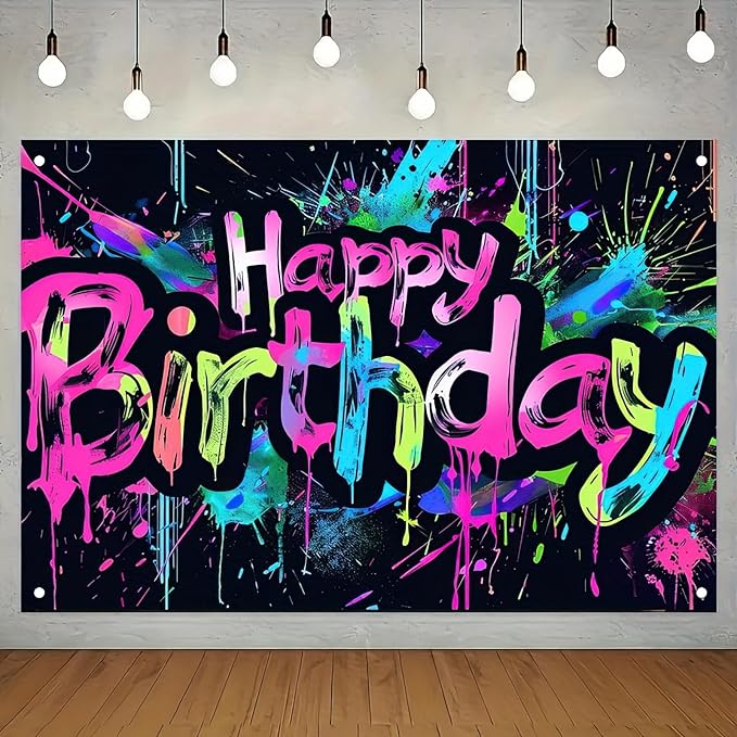 Neon Happy Birthday Banner - 71x43 Photography Backdrops, Party Background Decorations, Colorful Graffiti Splash Paint Kids Birthday Supplies, Glow in The Dark