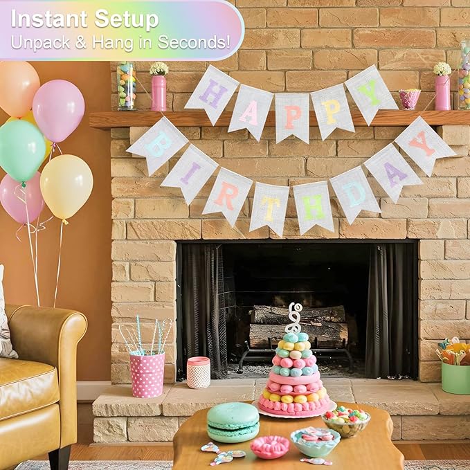 Happy Birthday Banner - Pre‑Strung Burlap Birthday Decorations and Reusable Birthday Sign for Men, Women & Kids | Party Supplies Backdrop (Macaron)