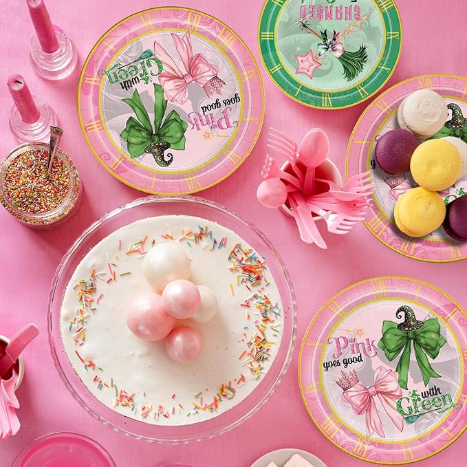 168Pcs Witch Party Supplies Pink Green Paper Plates Napkins Disposable Tableware for Birthday Party Decorations Serve 24 Guests
