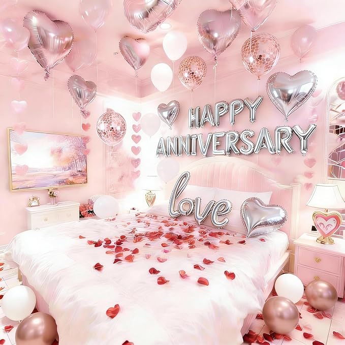 Rose Gold Anniversary Decorations Kit – 1000 Rose Petals, Happy Anniversary Banner, Love Heart Balloon – Romantic Room Decor Set for Wife, Husband, Parents, Valentine's Day Anniversary Surprise