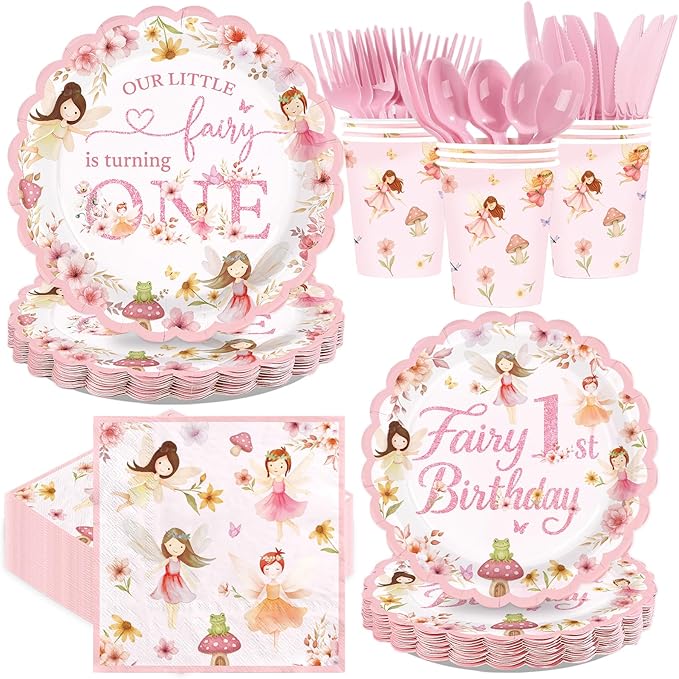 168 Pcs Fairy First Birthday Party Decorations Floral Fairy 1st Birthday Scalloped Plates Napkins Cups Forks Knives Spoons Pink Flowers Tableware Set for Girls One Year Old Party Supplies Serves 24