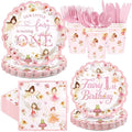 168 Pcs Fairy First Birthday Party Decorations Floral Fairy 1st Birthday Scalloped Plates Napkins Cups Forks Knives Spoons Pink Flowers Tableware Set for Girls One Year Old Party Supplies Serves 24