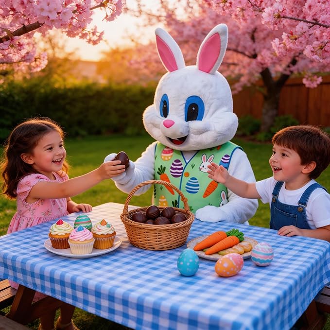 Easter Bunny Mascot Costume Blue Vest Unisex Deluxe Rabbit Costume Party Adult Size Fancy Dress
