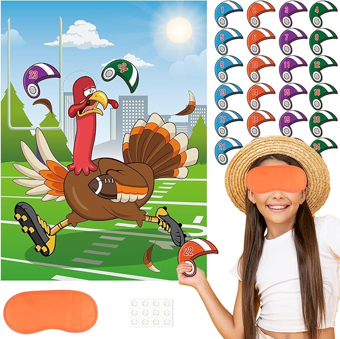 PLULON Thanksgiving Games Pin The Hat on The Turkey with 24 Pcs Turkey Hat Stickers for Thanksgiving Party Favors Festive Fall Party Activities Birthday Party Decorations
