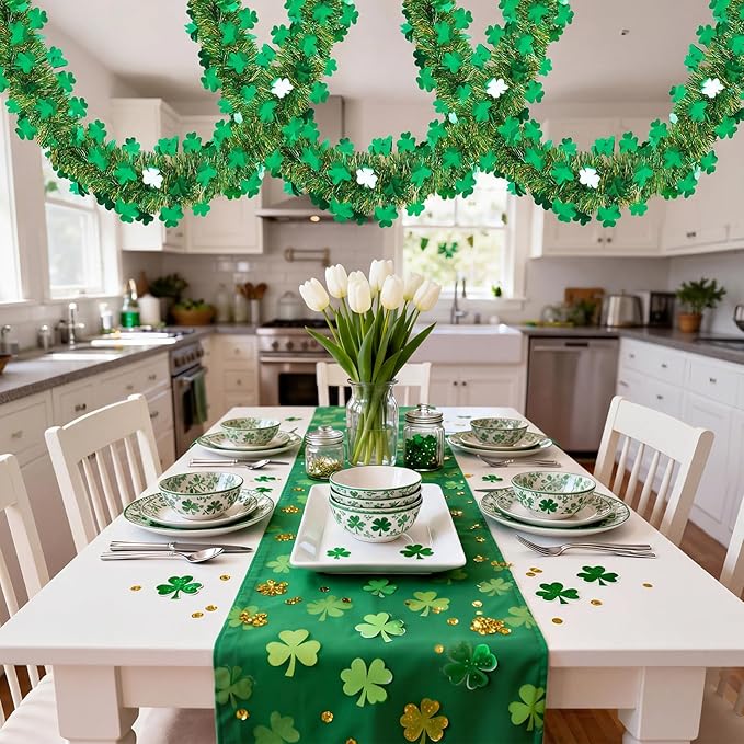 50FT St Patrick's Day Tinsel Garland, Green Gold Shamrock Clover Garland, Shiny Metallic Hanging Shamrock Streamer St Patricks Day Decorations Irish Decor