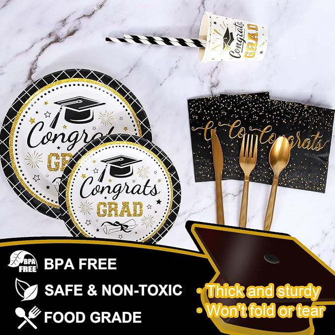 Whaline 175Pcs Graduation Party Supplies, Paper Plates and Napkins Set , 25 Guests Congrats Grad Disposable Tableware Set Include Paper Plate Napkin Cup Knife Fork Spoon for Grad Table Decor