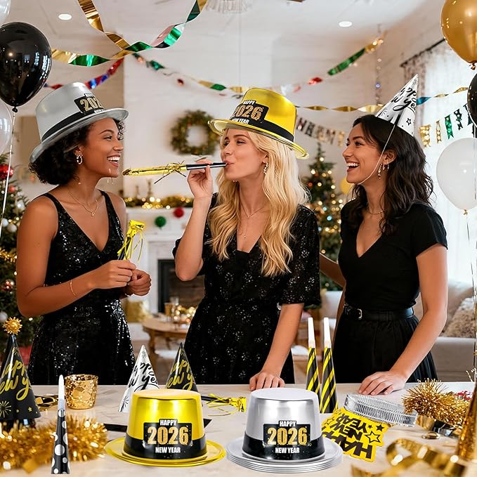 2026 New Years Eve Party Supplies, 60 Pcs New Year Eve Party Hats and Horns, Headband, Tattoos, Blowouts 2026 New Year Party Favors