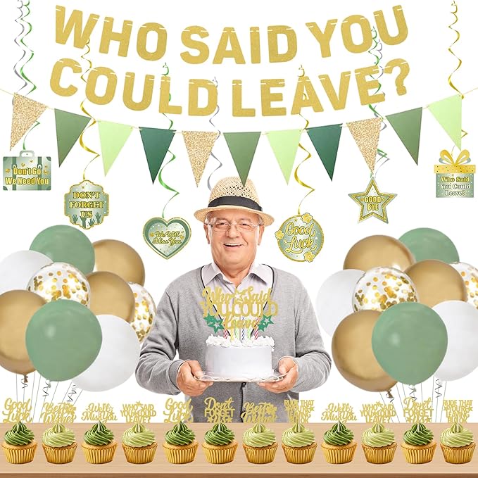 Roetyce Farewell Party Decorations, Green Gold Who Said You Could Leave Banner Cake Toppers Balloons Hanging Swirls, Going Away Retirement Leaving Party Decorations, Coworker Goodbye Party Supplies