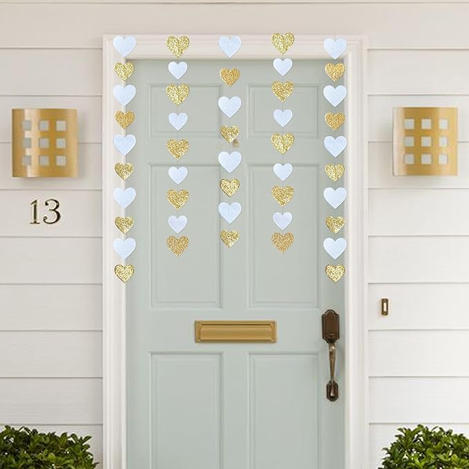 Gold and White Heart Decorations Double Sided Sequin 3D Heart Hanging Wall Art Ornament Garland for Nursery Classroom Bedroom Valentines Day Holiday Christmas Weeding Anniversary Home Wall Decor