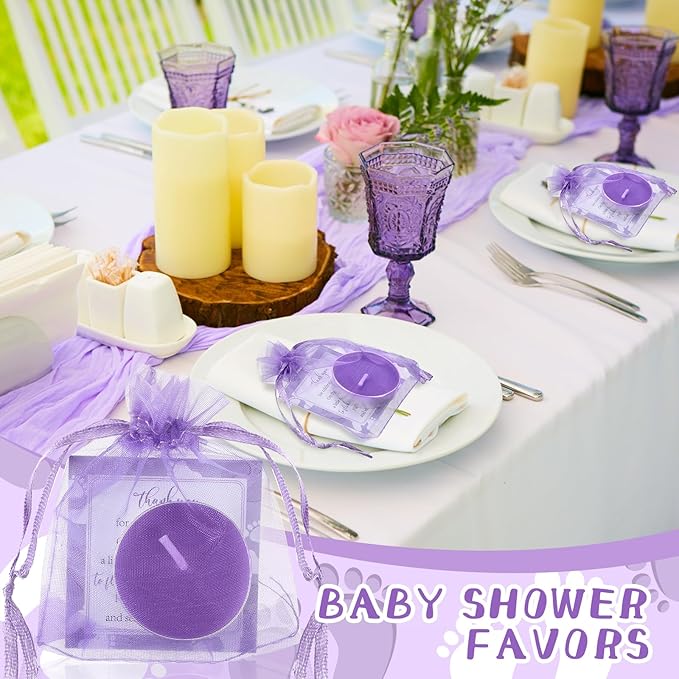 50 Sets Baby Shower Party Favors Including 50 Pcs Unscented Tealight Baby Shower Candles Gift Bags Cards for Gender Reveal Party Supplies(Purple)