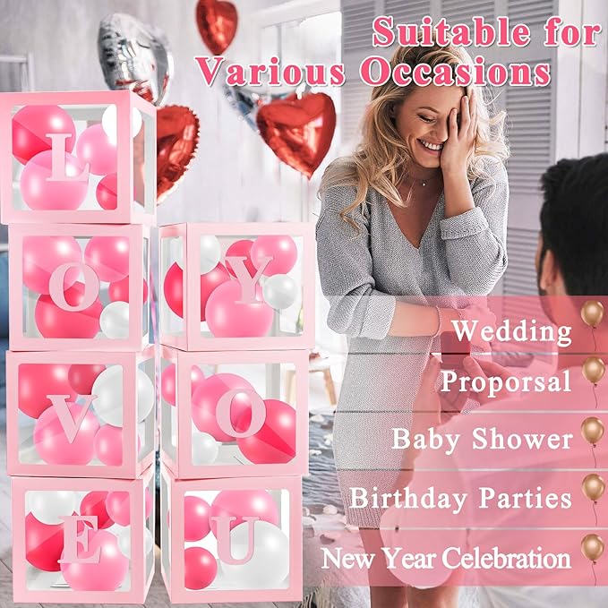 Ledido Transparent Balloon Boxes With 78 Letters Numbers, Pink Baby Boxes with Letters for Baby Shower Clear Letter Boxes for Party Wedding Birthday Baby Shower Graduation Decorations 7 PCS