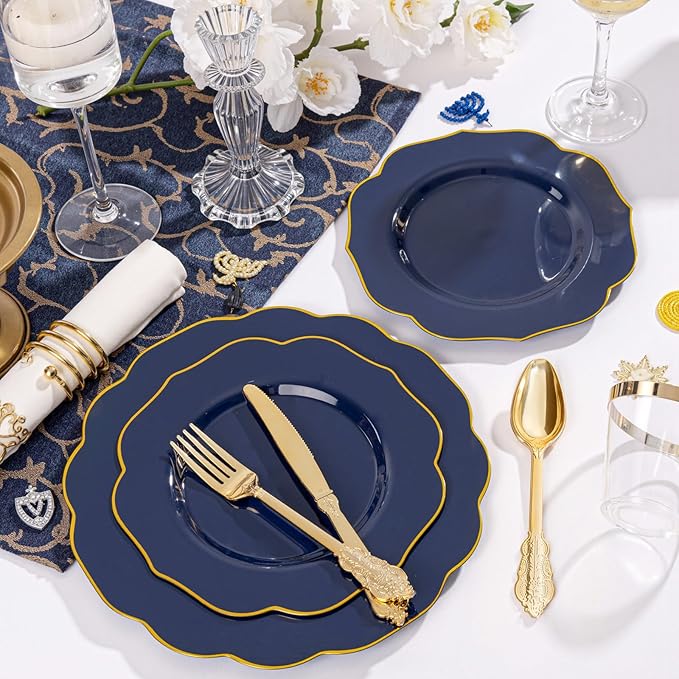 NOCCUR 175PCS Blue Plastic Plates with Disposable Silverware - Include 50 Blue Disposable Plates with Gold Rim,75 Gold Cutlery,25 Cups,25Napkins for Party/Wedding/Passover