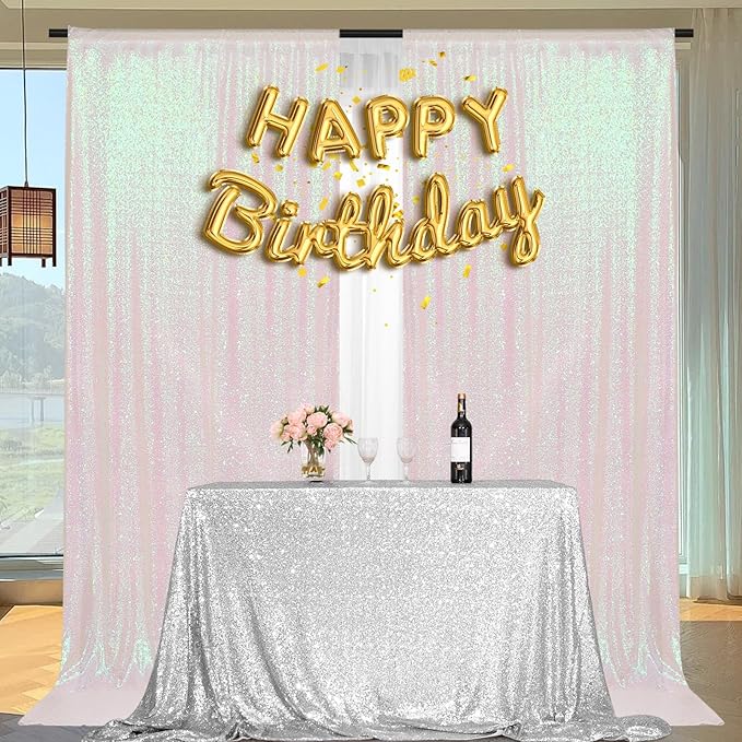 PartyDelight Iridescent White Sequin Backdrop 5x10ft 2 Panels - High Density 3mm Shimmer Sequin Background with 4-Inch Rod Pocket, Sparkly Photography Curtain for Wedding, Stage & Event Decor