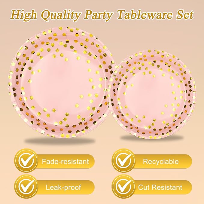 175 Pcs Pink and Gold Party Supplies, Serves 25 Pink Gold Foil Dot Disposable Dinner Tableware Set Gold Plastic Forks Spoons Knives Plates Napkins Cups Party Supplies for Birthday Wedding Graduation