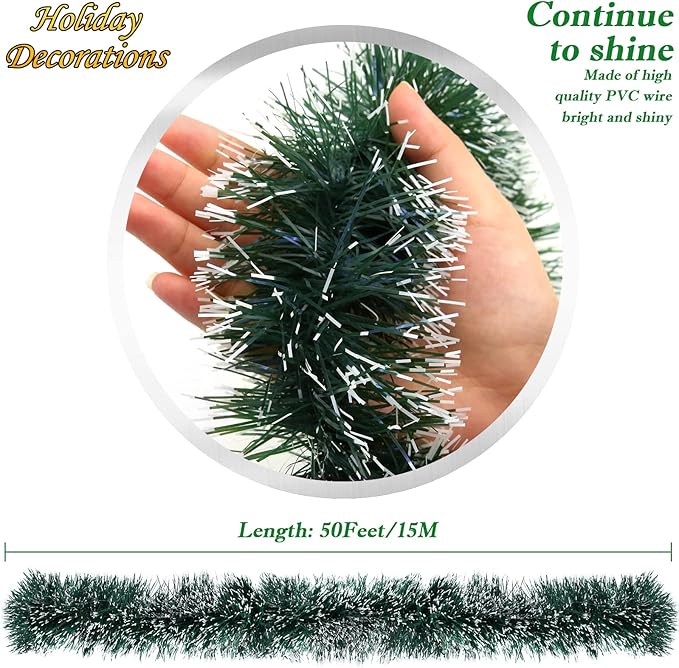 50Ft Christmas Tinsel Garland, Green Metallic Twist Garland for Christmas Tree Decorations, Xmas Tree Decor for Holiday Party Supplies (Green)