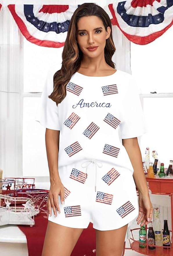 VILOVE 4th of July 2 Piece Sequin Outfits Women 250 Anniversary Usa Shirts and Short Sets Casual Patriotic Shirt Summer Set