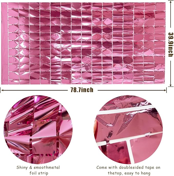 vwl Square Foil Curtain Streamer Tinsel Backdrop Photo Booth Props Background for Graduation Party,New Years,Birthday,Wedding,Halloween,Christmas Decorations (Pink, 2pack)