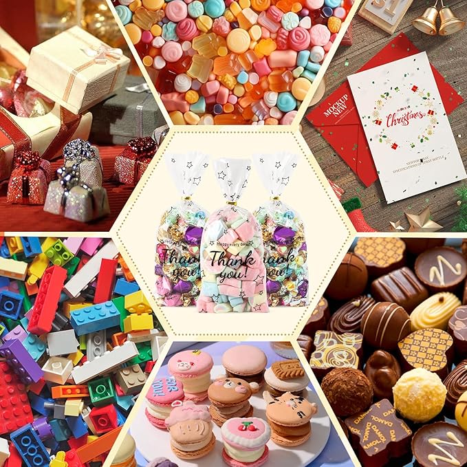 Docvania Cellophane Treat Gift Bags Thank You Printed Cookie Bags 100 pcs 5 X 11 Gift Bag with Ties for Mother's Day, Thanksgiving and Christmas