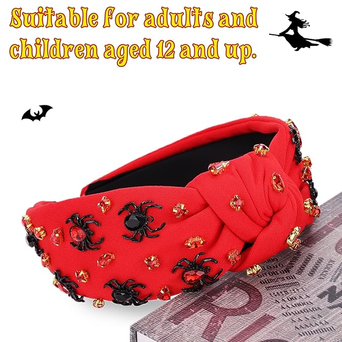 Halloween Headbands for Women, Red Spider Rhinestone Wide Jeweled Knotted Headband, Crystal Beaded Jeweled Top Knot Embellished Headband Hair Accessories Halloween Birthday Gift