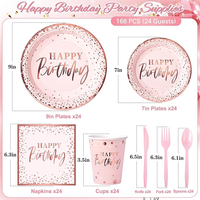 Pink and Rose Gold Happy Birthday Party Plates Set, 168PCS Dots Paper Plates Napkins Cups and Pink Cutlery, 24 Set Disposable Tableware for Birthday Baby Shower Party Decorations