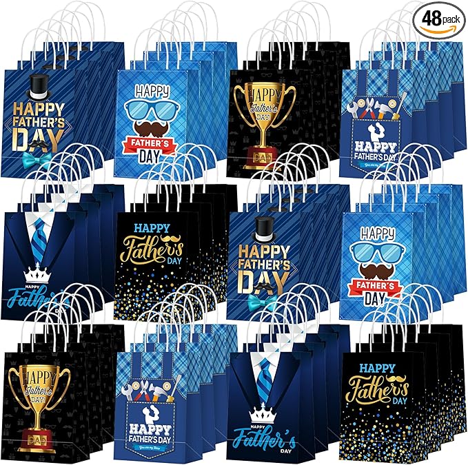 Sinload 48 Pcs Happy Father's Day Party Gift Bags Paper Bags with Handles Dad Treat Goodie Present Boxes Blue Black Party Supplies for Dads Men Anniversary Birthday Decor