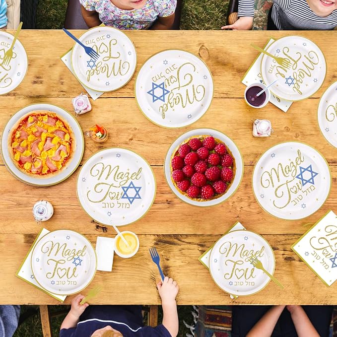 96Pcs Mazel Tov Party Decorations Congratulations Plates and Napkins Gold Blue Disposable Paper Tableware Set for Bar Mitzvah Bat Mitzvah Jewish Birthday Wedding Engagement Party Supplies Serves 24