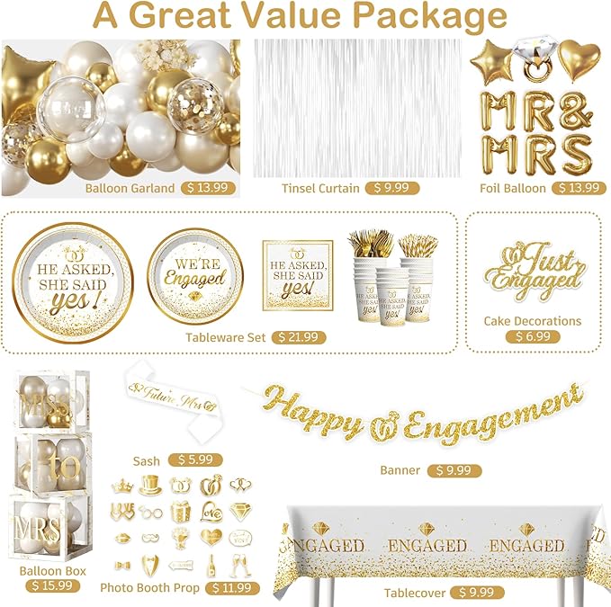 287Pcs Engagement Party Decorations, All-in-one Happy Engagement Decorations with 25 Serves Disposable Plates, 2 Pcs Waterproof Engaged Tablecloth Wedding Proposal Decorations Party Decor