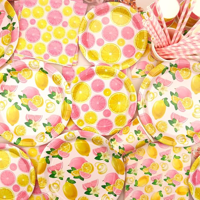 Pink Lemon Party Decoration - Lemon Birthday Party Tableware Supplies Includes Plates, Cups, Napkins, Tablecloth, Straws (20)