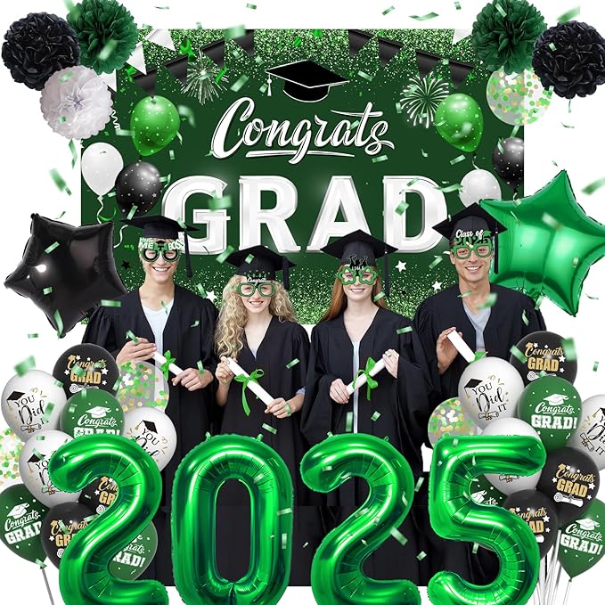 Green Black Graduation Decorations 2025 - Graduation Latex Balloons with Congrats GRAD Backdrop Banner, 2025 Number Balloons, Paper Pom Poms for College Celebrations Graduations Party Supplies