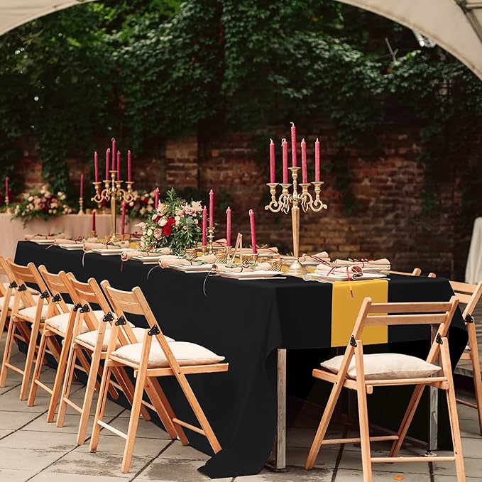 12Pack 12x108 Inch Satin Table Runner and 54x108Inch Plastic Tablecloths Set Black and Gold Disposable Rectangle Table Cover for Graduation Wedding Bridal Shower Anniversary Birthday Party Decorations