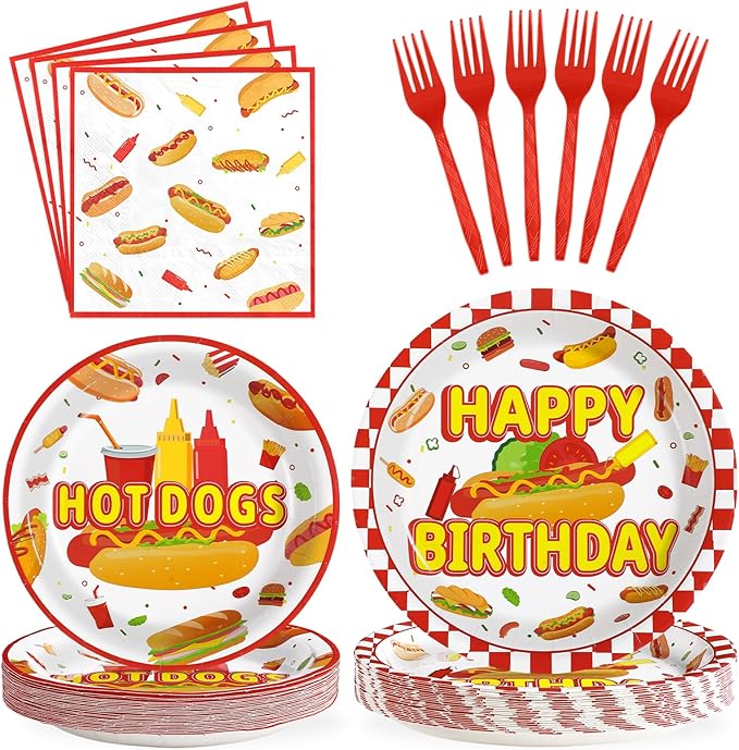 Grencian 96Pcs Hot Dog Birthday Party Supplies Fast Food Party Plates and Napkins Disposable Hotdog Birthday Decorations Tableware Set for Picnic Baby Shower Sausage Summer BBQ Serves 24