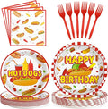 Grencian 96Pcs Hot Dog Birthday Party Supplies Fast Food Party Plates and Napkins Disposable Hotdog Birthday Decorations Tableware Set for Picnic Baby Shower Sausage Summer BBQ Serves 24