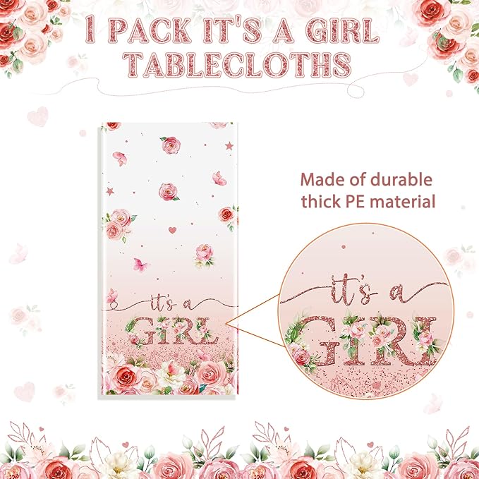 1 Pack Floral Baby Shower Tablecloth Decorations, It's a Girl Baby Shower Decorations, Pink Flower Gender Reveal Decorations for Girl, Plastic Disposable Baby Girls Table Cloth Party Decorations