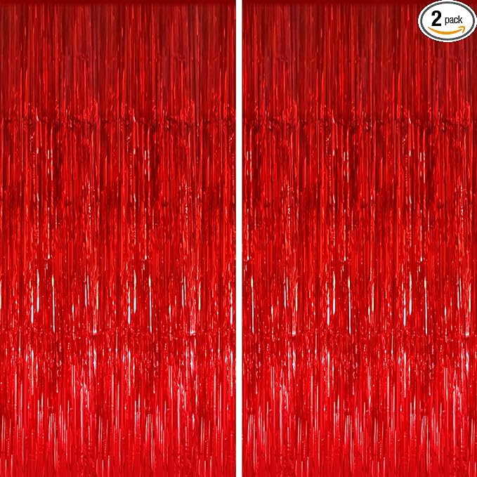 GOER 3.2 ft x 9.8 ft Metallic Tinsel Foil Fringe Curtains,Party Streamer Backdrop for Birthday,Graduation Decorations and New Year Eve (2 Packs,Red)