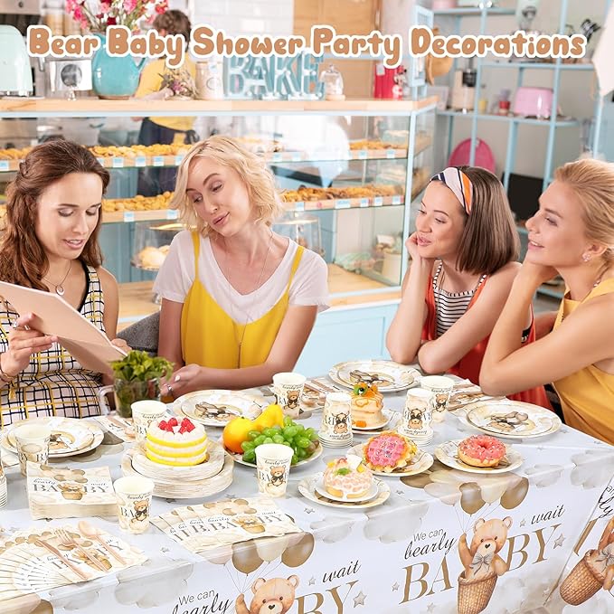 452 Pcs We Can Bearly Wait Baby Shower Decorations, Brown Bear Paper Plates Napkins Cups Tablecloth Cutlery Straws for Brown Baby Shower Gender Reveal Birthday Party Supplies, Serves 50