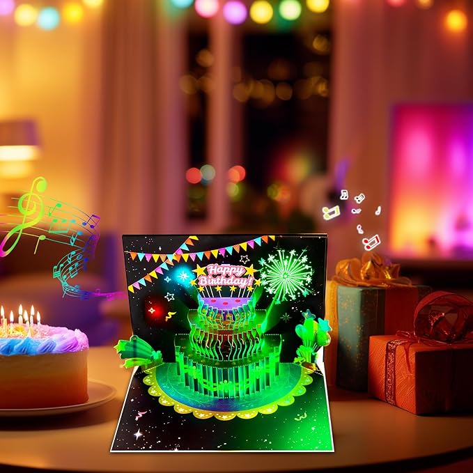 GREETING ART 3D Pop Up Firework Birthday Cards, Musical & LED Lights Birthday Cards with Birthday Cake, Happy Birthday Card Postcards Greeting Cards for Women, Men, Kids