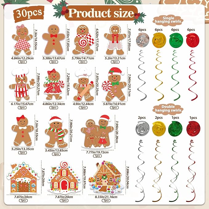 30pcs Gingerbread Party Decorations Hanging Swirls Christmas Gingerbread Streamers Decor for Christmas Birthday Party Supplies