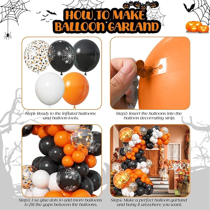 Orange Black Halloween Balloon Arch Garland Kit with 4D Pumpkin Foil Balloon, 110pcs Spider Web Print Halloween Latex Balloons for Kids Trick or Treat Baby Shower Birthday Party Decoration Supplies