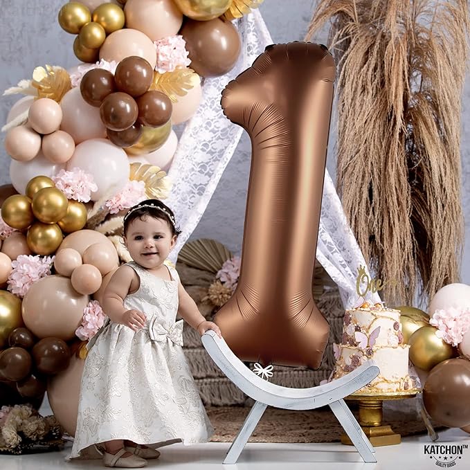 KatchOn, Brown 1 Balloon Number - 40 Inch, Helium Supported | Foil Brown One Balloon for Safari brown Birthday Decorations | One Happy Camper Balloons | Anniversary Decorations