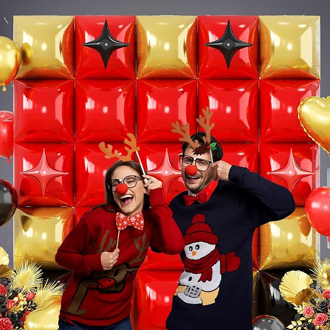 32PCS Black Red Square Foil Balloons Kit, Double Sided Red Black and Metallic Gold Balloon with Star Balloons Backdrop Flat Tunnel for Birthday Graduation Casino Game Race Car Party Decor Background