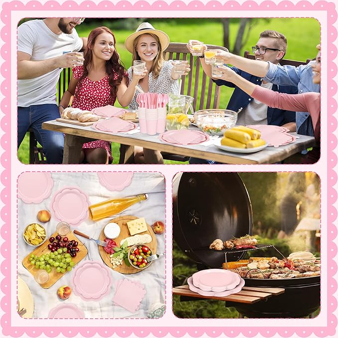 400 Pcs Pink Paper Plates and Napkins Set Party Supplies, Easter Party Tableware set for 50 Guest include Disposable Pink Scalloped Plates Napkins Knives Forks Spoons Cups for Baby Shower Wedding