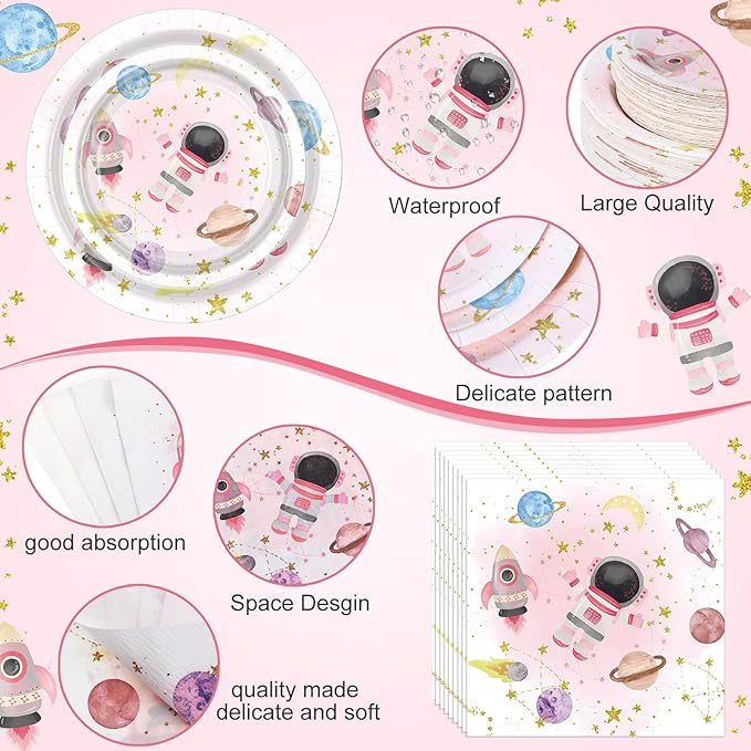 452 Pcs Pink Space Birthday Decorations for 50, Star Astronaut Paper Plates Napkins Cups Moon Tablecloth Cutlery Straws for Planets Solar System Baby Shower Party Supplies Decorations